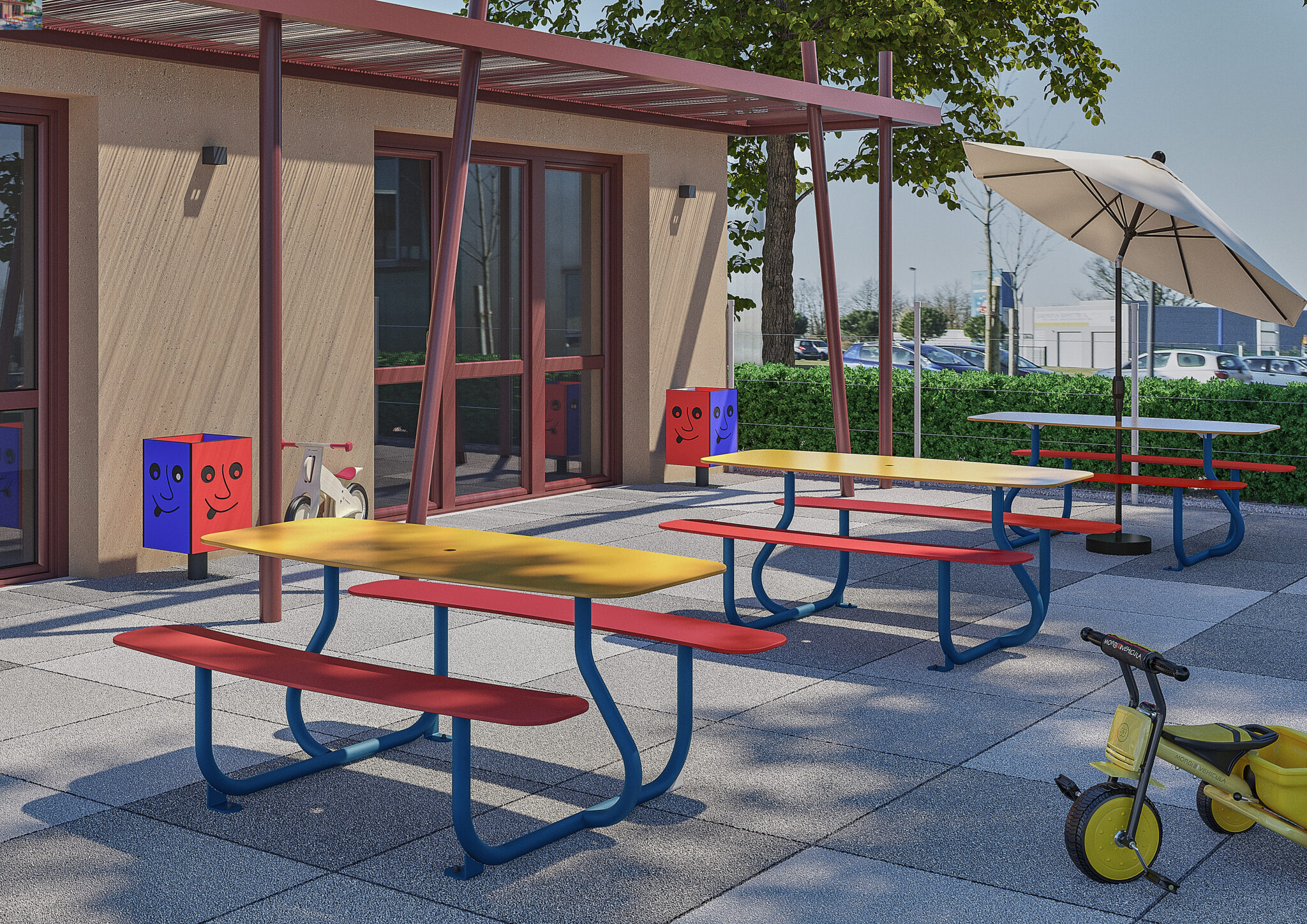 Cette image est une photographie d'un ensemble de tables de pique-nique colorées. Elle illustre l'ensemble des solutions de table de pique-nique que Nathis peut fournir aux collectivités et entreprises de Bretagne.
